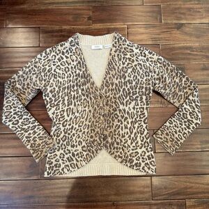 Neiman Marcus 100% Cashmere Leopard Print Scallop Hem Cardigan Size Medium